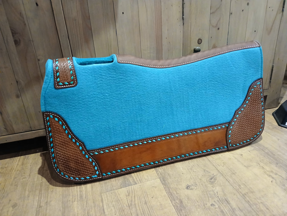 Blue Tooled Leather Felt Western Saddle Pad