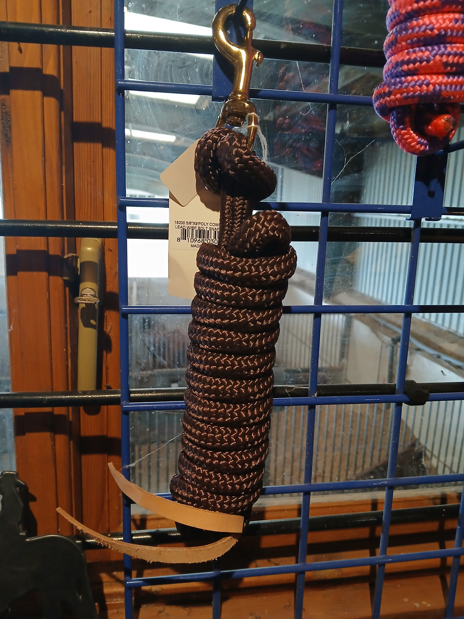 Brown 5/8" x 9' Poly Lead Rope with Brass Plated Bolt Snap