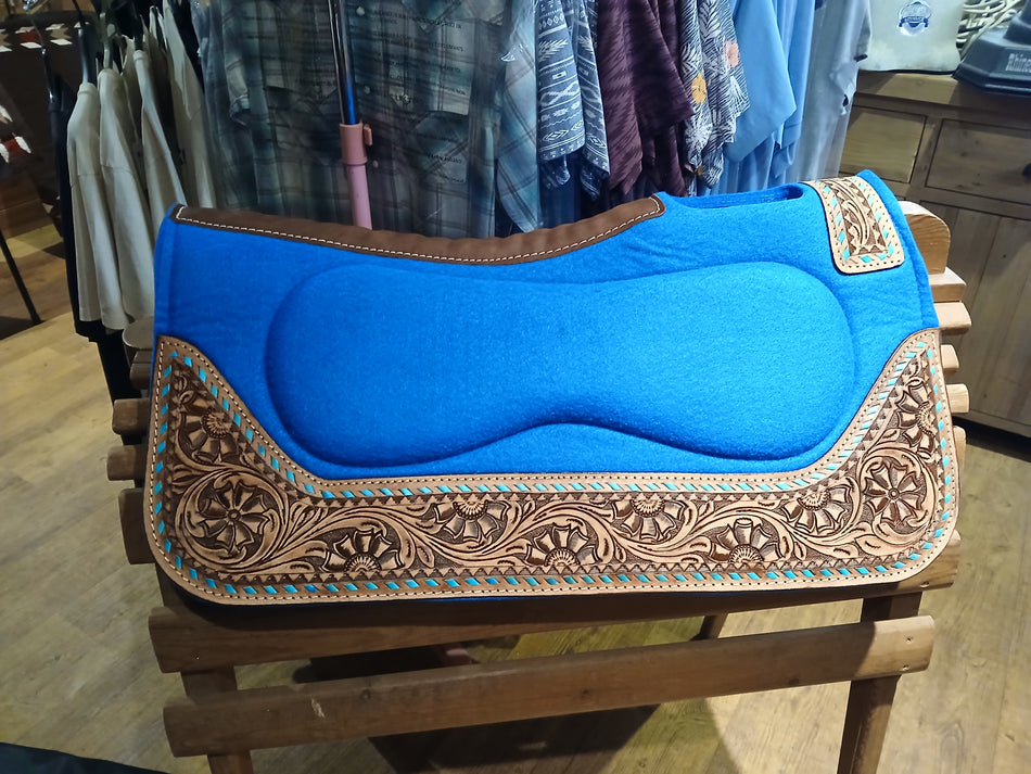 Blue Tooled Leather Felt Western Saddle Pad
